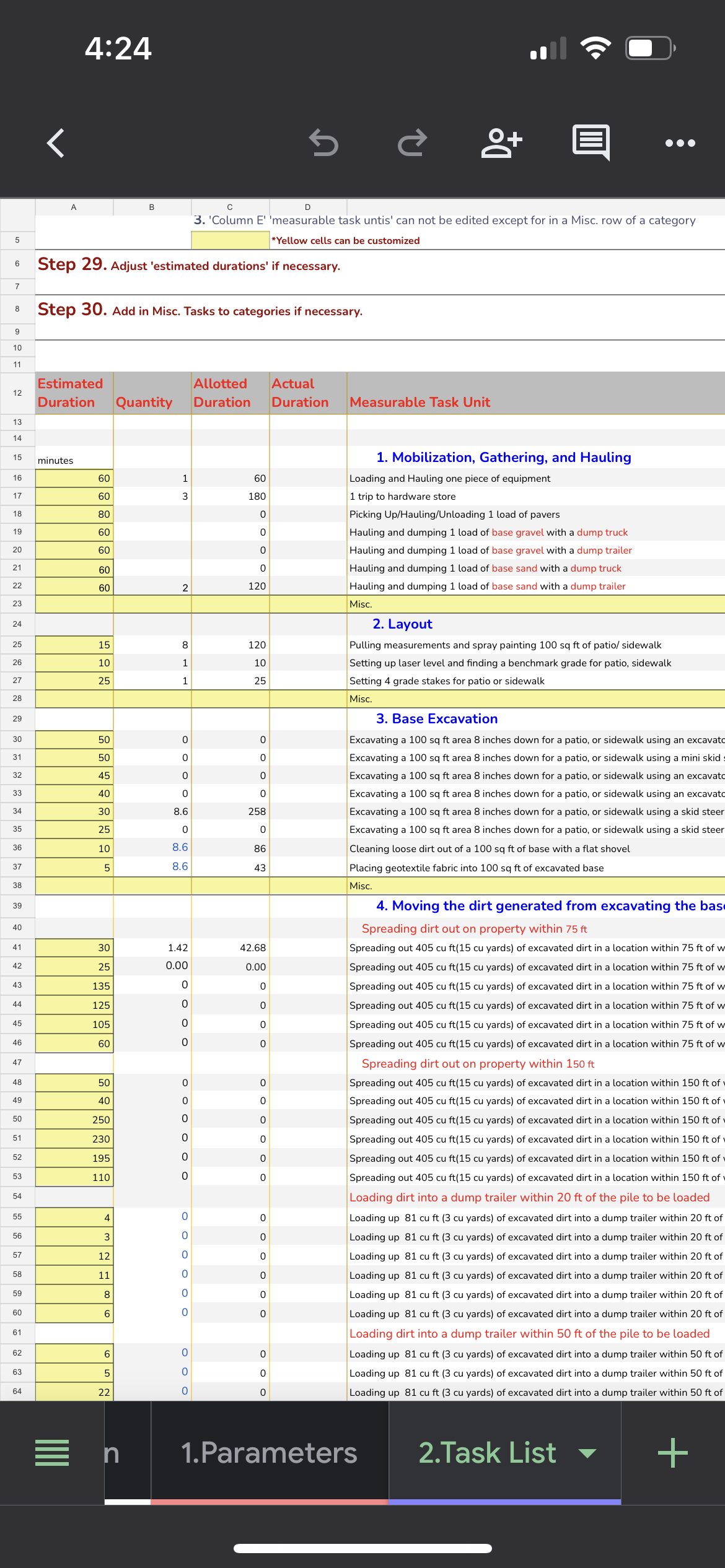 Paver Estimating and Planning Spreadsheet System and Production Rate Library (Excel file)