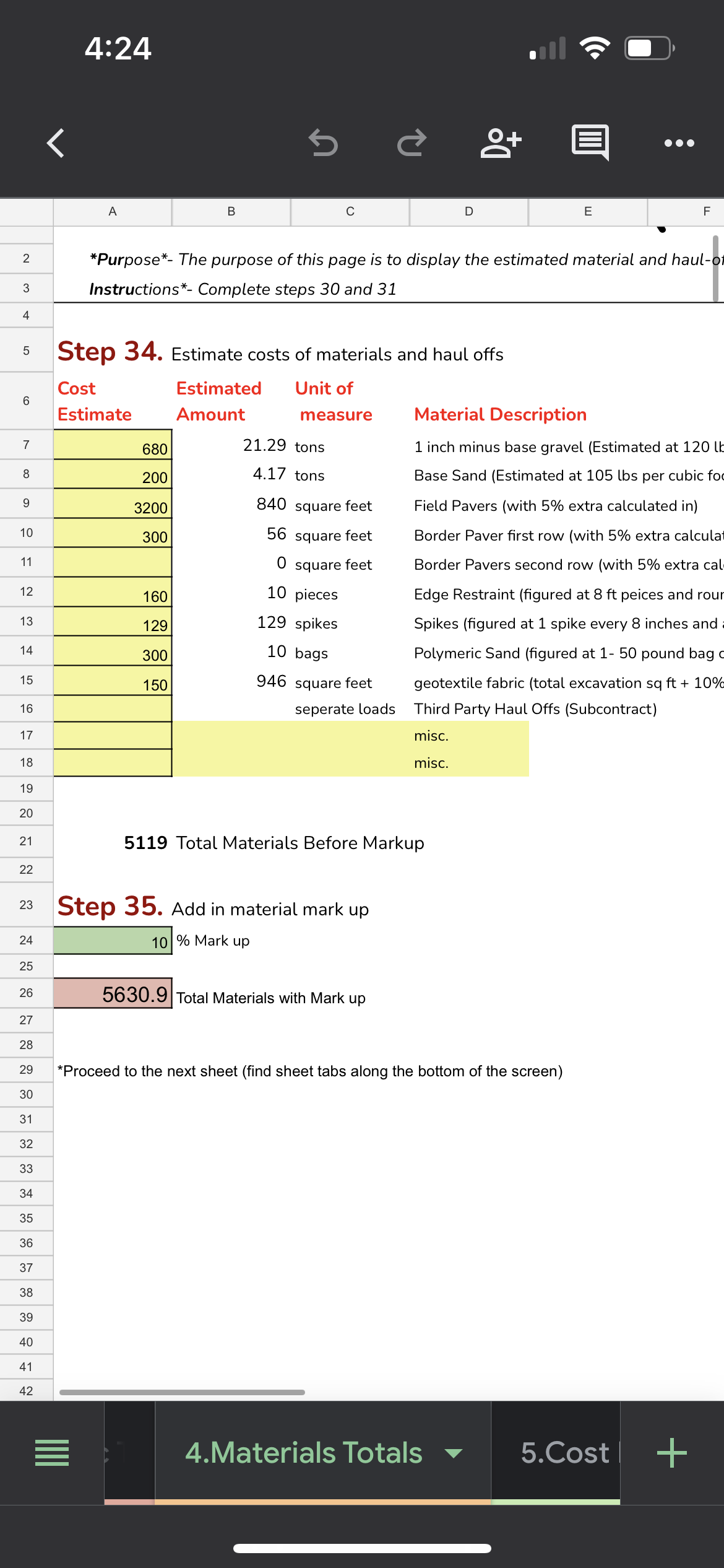 Paver Estimating and Planning Spreadsheet System and Production Rate Library (Excel file)